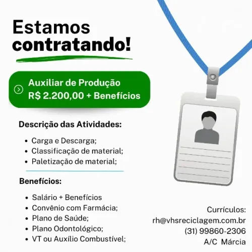 R$ 2.200,00 Auxiliar de Produção - Cabral Contagem/MG