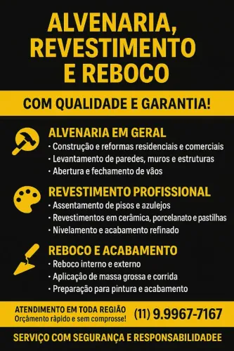 ALVENARIA, REVESTIMENTO E REBOCO.<br>COM QUALIDADE E GARANTIA!<br>COM QUALIDADE E GARANTIA!