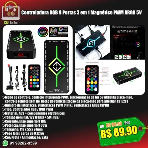Controladora RGB 9 Portas 3 em 1 Magnético PWM ARGB 5V
