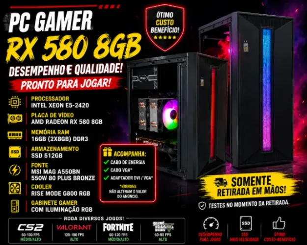 PC Gamer RX 580 8GB | SSD 512GB | 16GB RAM | Fonte MSI 550W | Roda GTA V, Valorant, CS2