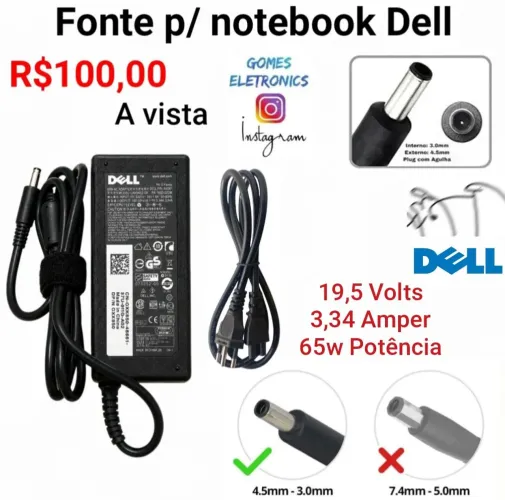 Fonte carregador para Notebook Dell Ultra Inspirion 65W - 19.5V - 4.5x3.0mm Bivolt