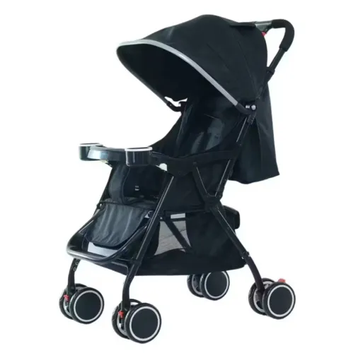 Carrinho de Bebê Passeio Preto Reclinável com Porta Copos