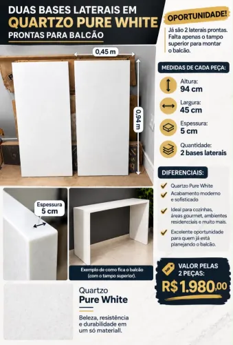 Duas laterais para balcao em Quartzo Pure White