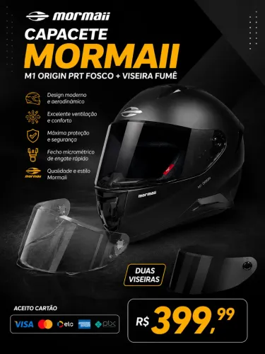 Capacete Mormaii M1 Origin Prt Fosco + Viseira Fumê