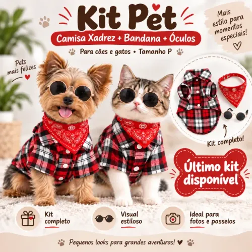 Kit Pet Camisa Xadrez + Bandana + Óculos para Cães e Gatos P - Último Kit Disponivel