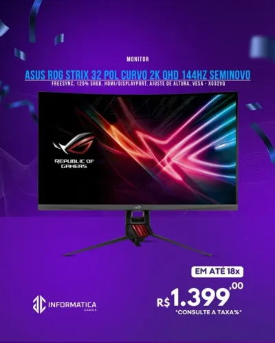 MONITOR ASUS ROG STRIX 32 POL CURVO 2K QHD 144HZ SEMINOVO