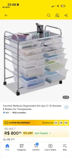 Carrinho Multiuso Organizador Em Aço C/ 12 Gavetas E Rodas Cor Transparente