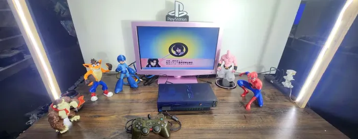 Playstation 2 edição ocean blue com detalhes