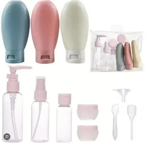 Kit Organizador de Cosméticos para Viagem (Frascos + Acessórios)