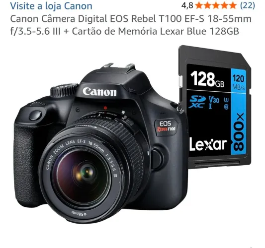 ? Canon EOS Rebel T100 + Lente 18-55mm + Cartão Lexar 128GB | Pouquíssimo uso