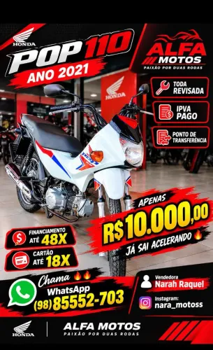 Vende-se uma Moto Pop 110 ano 2021 apenas R$10.000,00 reais