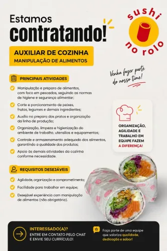 Contrata-se Auxiliar de Cozinha - Sushi no Rolo / Curitiba (Centro)