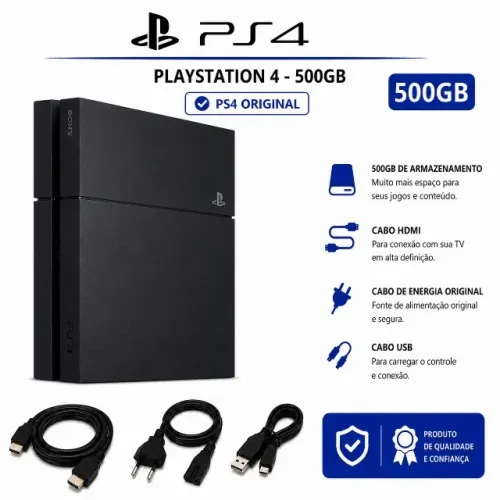 PlayStation 4 Original 500GB + Cabos + 5 Jogos | PS4