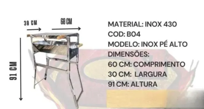 * churrasqueira inox pe alto 60×30×91cm B04<br>* 280,00