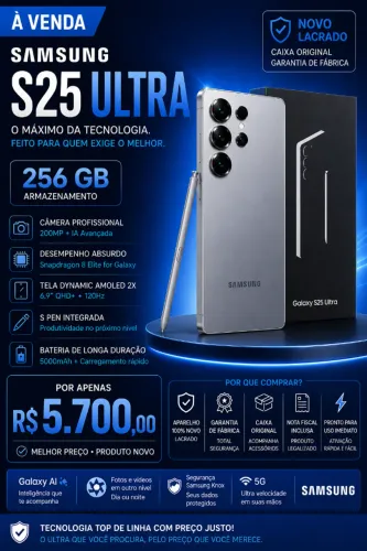 Celular Samsung Galaxy S25 Ultra 5g, 256gb, 12gb, . Titanium Black- NOVO