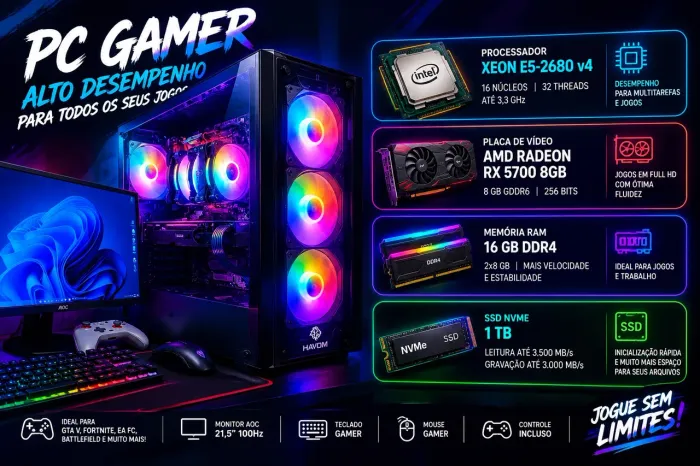 PC GAMER COMPLETO RX 5700 8GB + MONITOR AOC 100Hz RGB