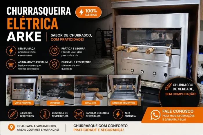 Churrasqueira Elétrica Arke Ábile Gourmet Inox | 4 Espetos Giratórios | Excelente Estado