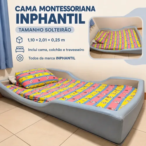 CAMA MONTESSORIANA INPHANTIL SOLTEIRÃO + COLCHÃO E TRAVESSEIRO