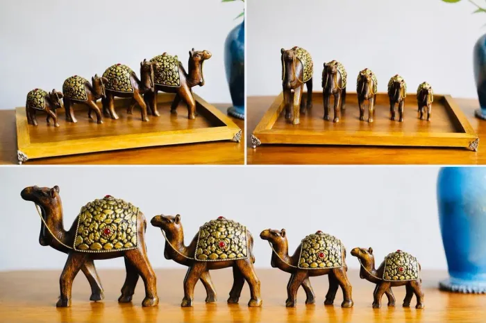 Família 4 Camelos Damasquinado Ouro Toledo Espanha - Raro 16cm Vintage Luxo