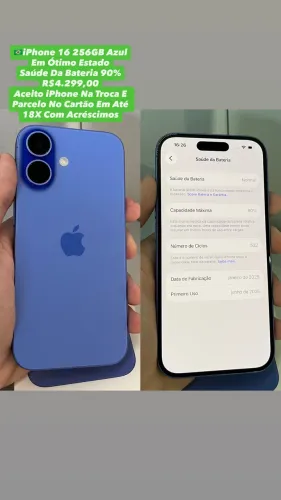 iPhone 16 256GB Azul - Saúde Da Bateria 90% (Usado)