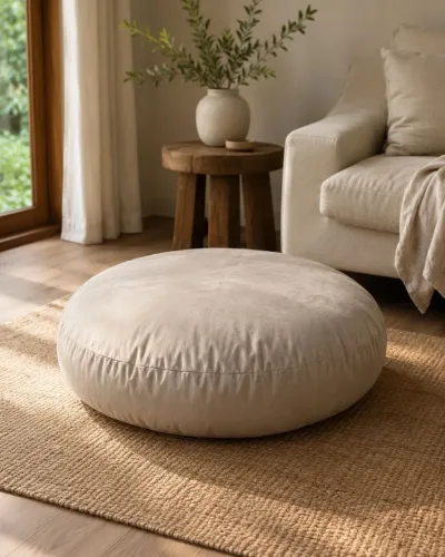 Puff Gigante Redondo em Suede Bege 100x40 - NOVO