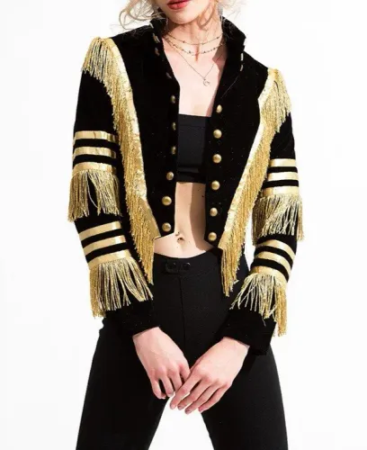 Jaqueta Preta Franjas Douradas Estilo Militar Show Fantasia