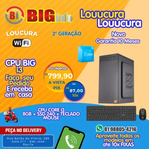 Computador BIG Intel Core I3, Ssd 240gb, 8gb De Memoria Ram - NOVO