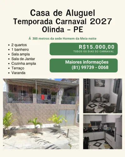 ? Aluguel para Temporada - Carnaval 2027 em Olinda/PE ?