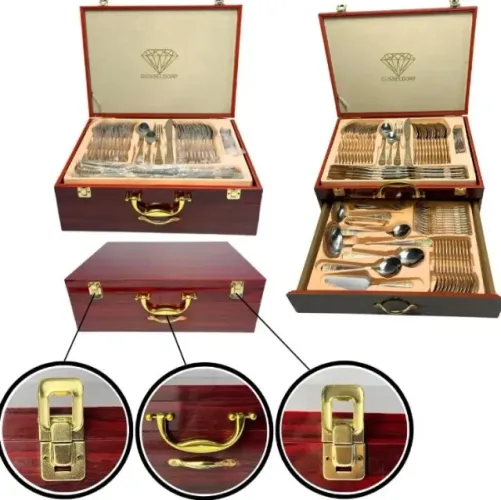 Kit Jogo Faqueiro 84 Peças Talheres Luxo em Inox Banhado a Ouro 24k Com Maleta de Madeira