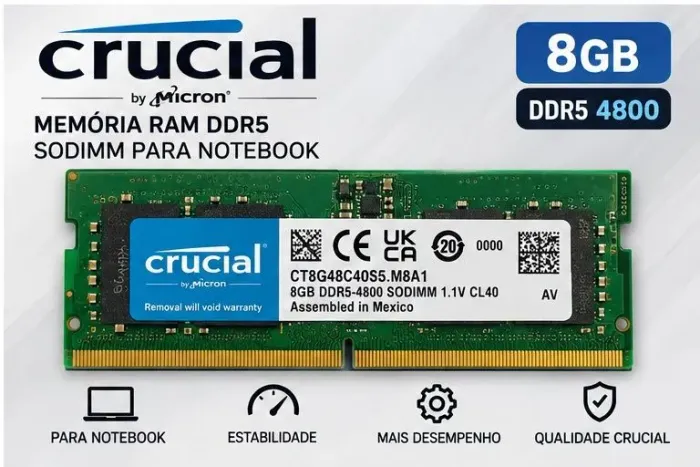 Memória RAM Crucial 8GB DDR5 4800MHz SODIMM Notebook
