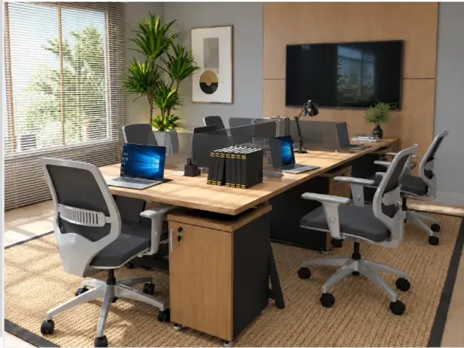 Estação Santoro Wood Delluxe. 5 armários e 20 Tomadas. L300cm x P140cm x A105cm
