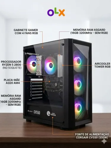 Kit PC Gamer Ryzen 5 2600 + Placa A320 + 16GB Asgard + Fonte Corsair CV550 + Gabinete RGB