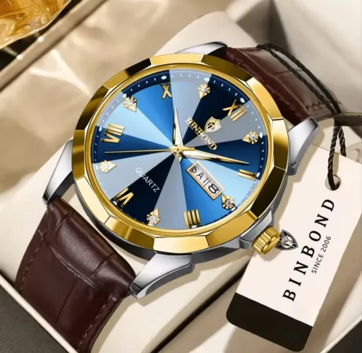 Relógio de Pulso Premium Binbond Gold Rose BLUE Pulseira de Couro Marrom Lindíssimo