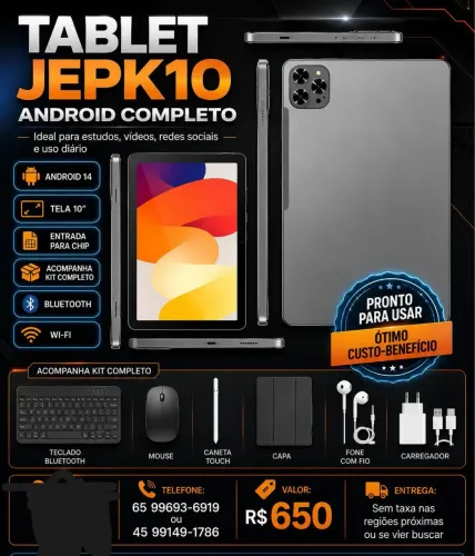 Tablet JEPK10 Android 14 500GB 8GB RAM + Teclado, Mouse e Caneta