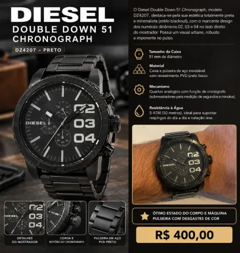Relógio Diesel Double Down 51 Chronograph, modelo DZ4207 PRETO 