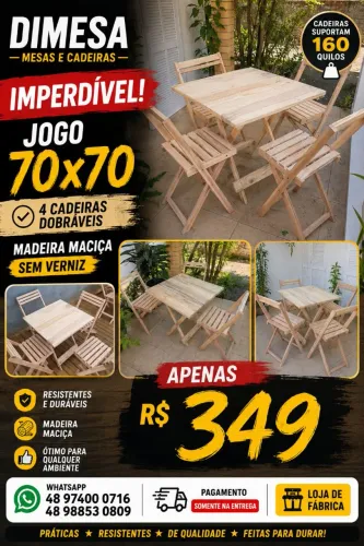 Kit madeira maciça sem verniz mesa 70x70 com 4 cadeiras dobráveis 