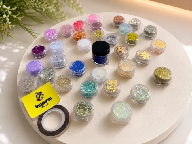Kit Decoração para Unhas - 35 Potinhos + Folha de Ouro + Fitilho Dourado