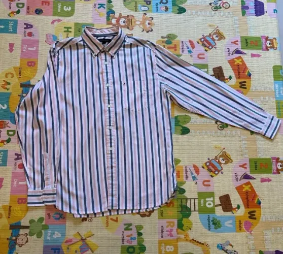 camisa social masculina - tommy hilfiger - tamanho m - branco, rosa e cinza