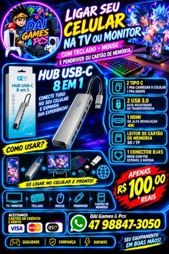 Hub Usb C 8 em 1 para Celular