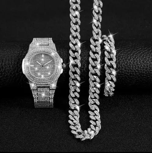 Kit cuban corrente ice + pulseira + relogio Patek cravejado
