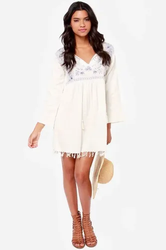 Billabong Without Looking Dress Off-white Vestido Manga Longa Bordado 100% Algodão - Tam M