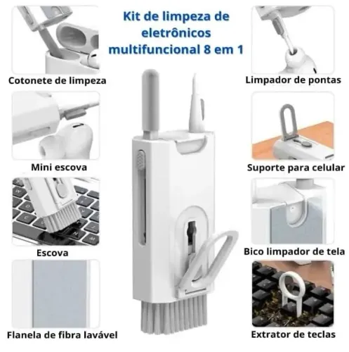 Kit de Limpeza Eletrônico 8 em 1 Multifuncional | Teclados, Airpods, Fones e Celulares 