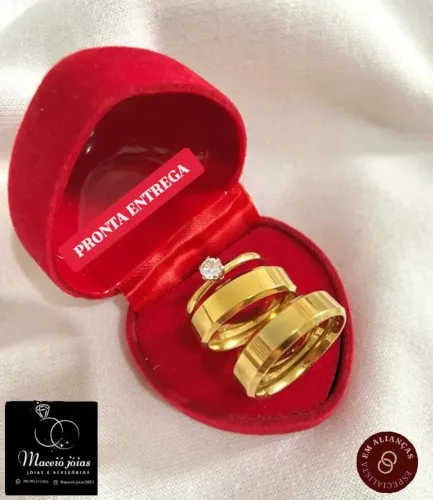 Kit trio de alianças noivado e casamento banhadas a ouro 18kilates 