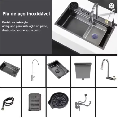 Pia de cozinha grande em aço inoxidável com efeito cascata e torneira com controle de água