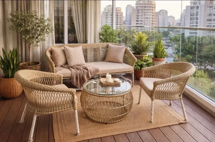 Conjunto de sofa 3 pecas aluminio corda e trico nautico