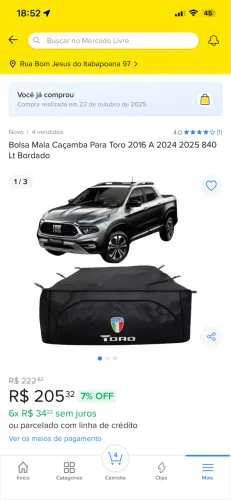 BOLSA ORGANIZADORA DE CAÇAMBA FIAT TORO 840 LTS TAMÄNHO G DUPLO ZIPPER BORDADO