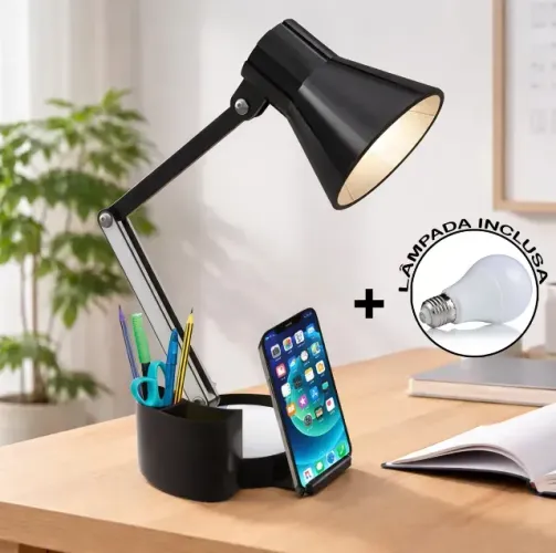 Luminária Articulável com Porta Lápis, Caneta E Suporte de Celular abajur articulado 