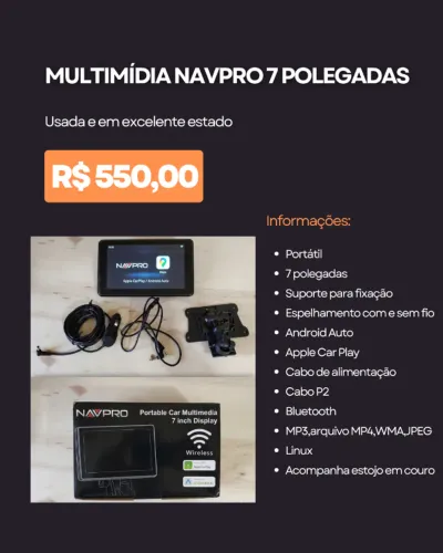 Central Multimidia NavPro Portátil 7 com suporte a Carplay / Android Auto sem fio