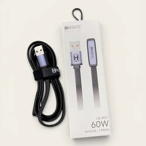 Cabo USB para USB-C 60W HRebos Premium Midnight CB-219C - Nylon Trançado Preto