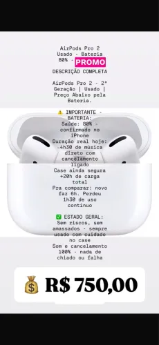 Fone de ouvido sem fio - AirPods Pro 2 - 2 geração / Usado / Saúde da bateria 80%